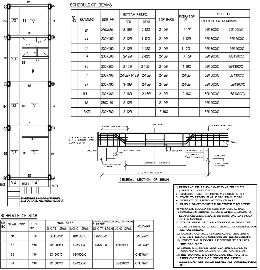 Structural Beam and Slab Layout Plan with Schedule and Section