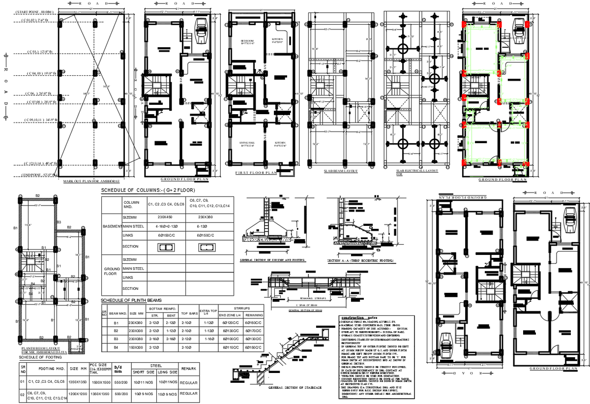 RCC G Plus 2 Building Structural Layout Plan with Column Beam Details