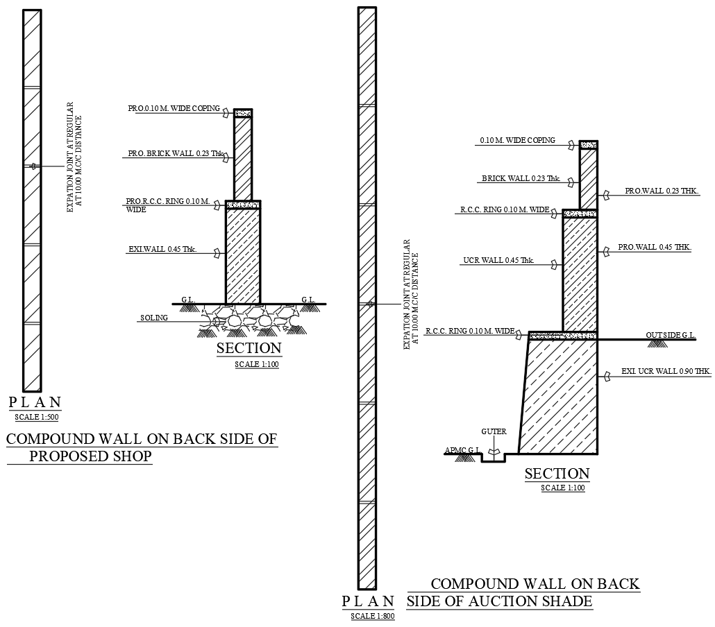 Compound Wall Section Plan with RCC Brick and UCR Wall Details