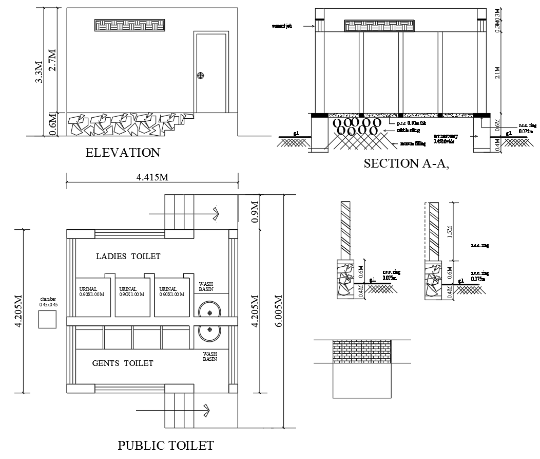 Public Toilet Plan with Elevation Section and RCC Foundation Details