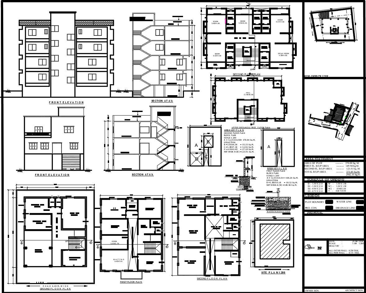 Multi Storey Apartment Building Plan with Elevation and Section View