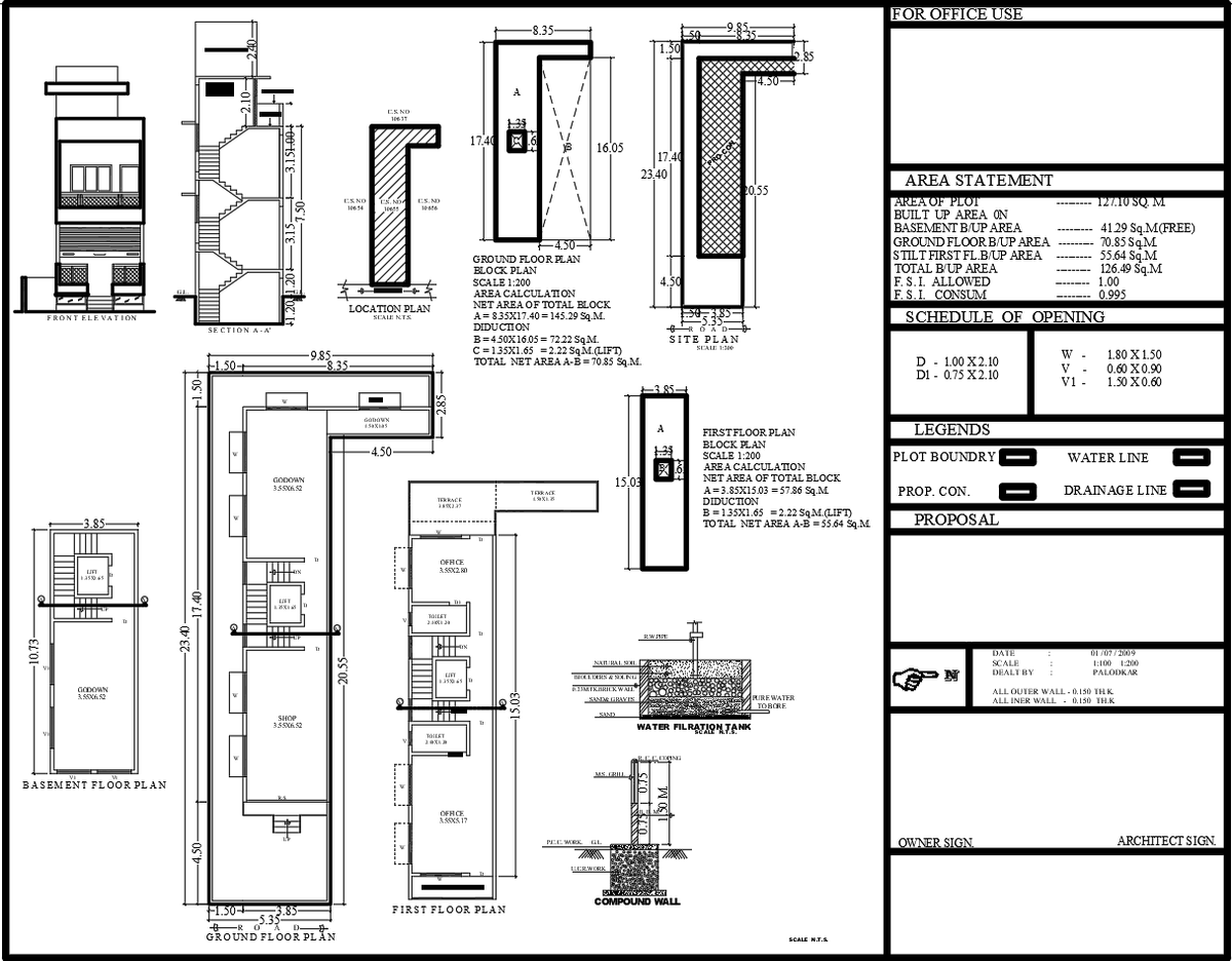 Commercial Building Plan with Office Shop Basement Layout in AutoCAD