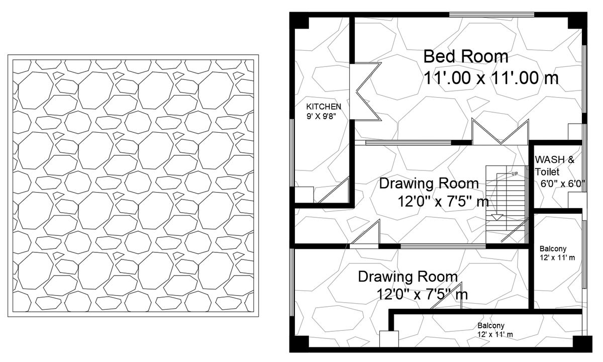 1 BHK Apartment AutoCAD Floor Plan with Kitchen and Balcony Layout