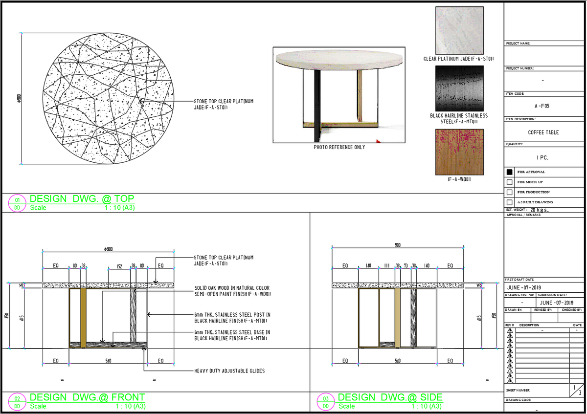 Modern Round Coffee Table AutoCAD Drawing with Material Details