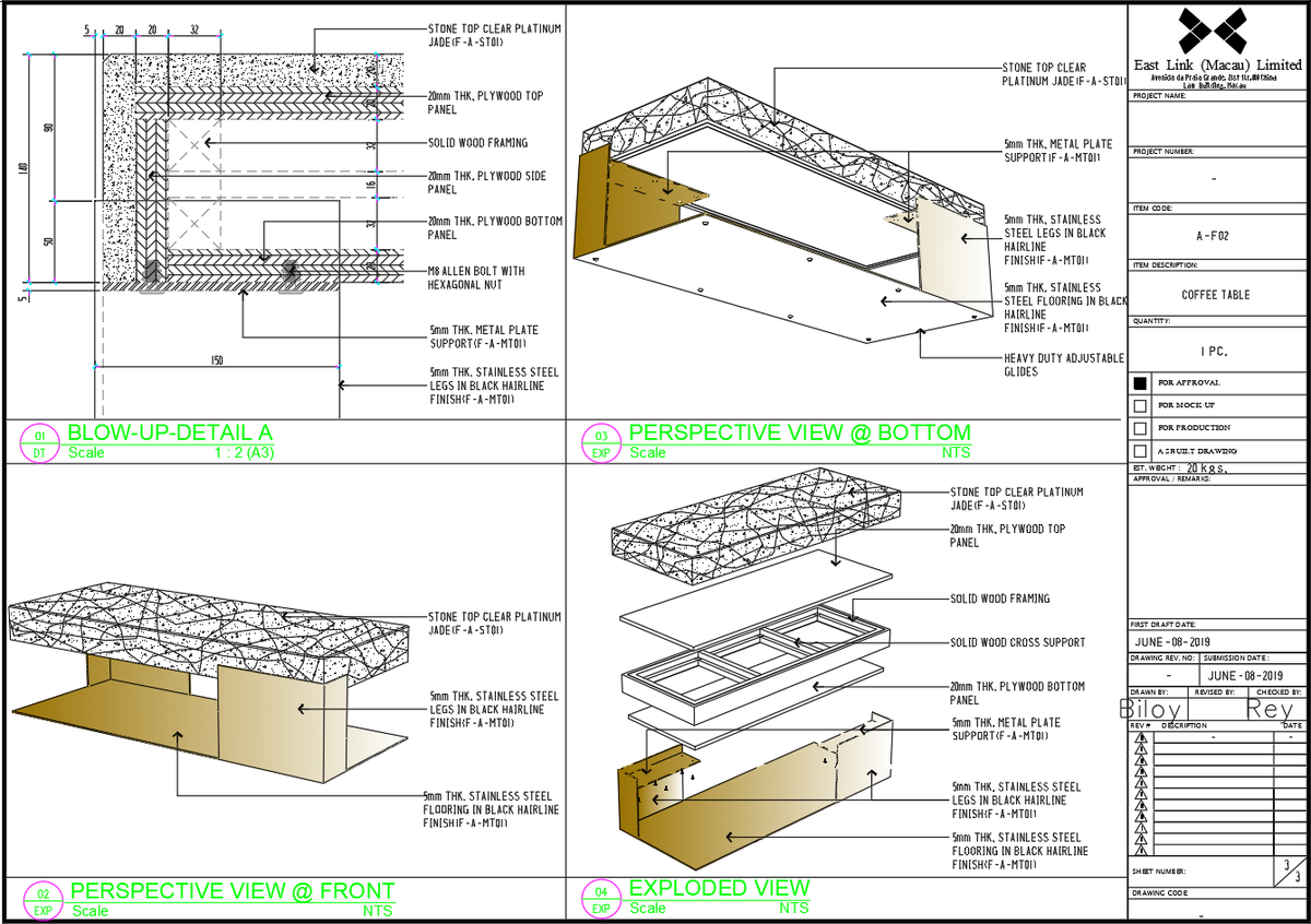 Coffee Table Exploded View and Assembly AutoCAD Drawing – DWG