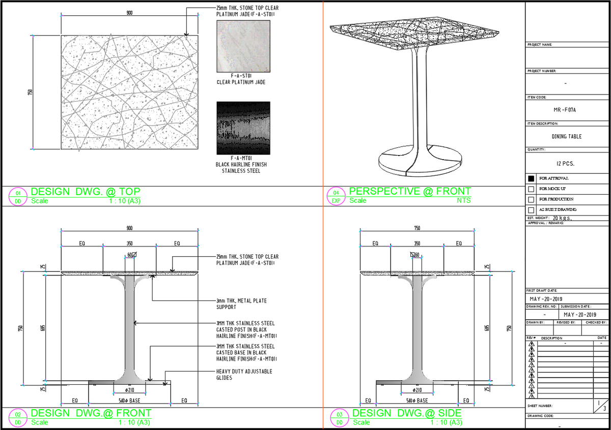 Square Dining Table AutoCAD Drawing with Material Details – DWG