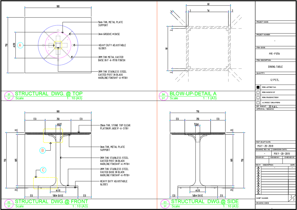 Dining Table Structural AutoCAD Drawing – Fabrication DWG Plan