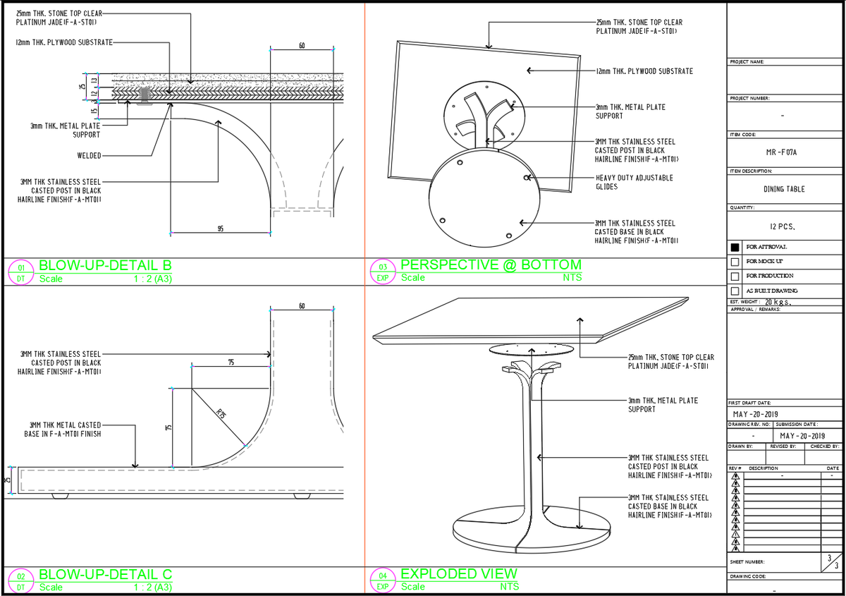 Dining Table Exploded view and Detail Drawing AutoCAD DWG File