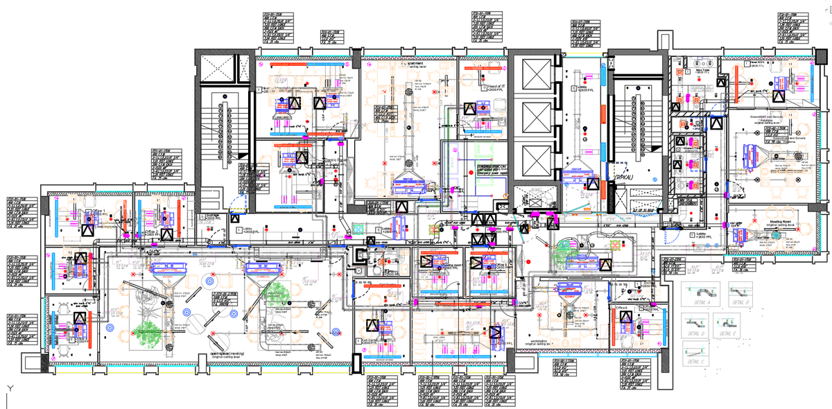 Office MEP Coordination Layout – HVAC, Electrical and Plumbing DWG