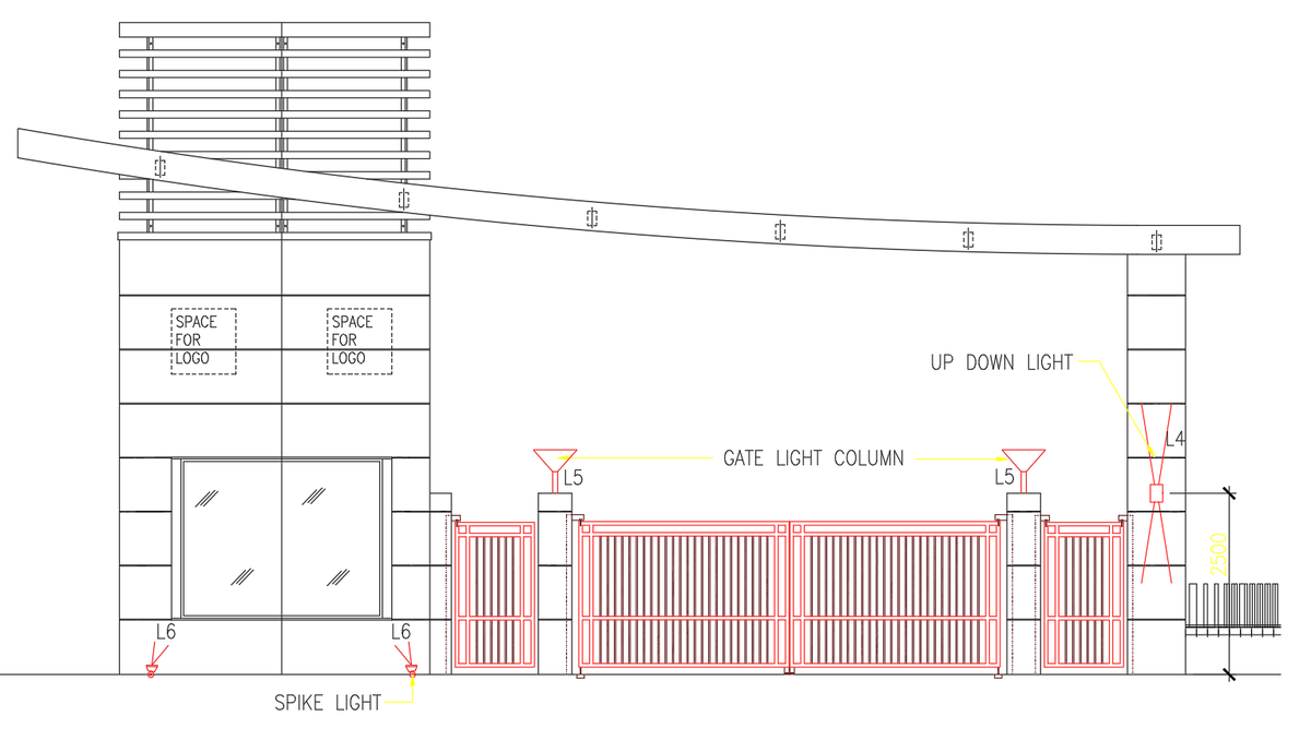 Residential Entry Gate Elevation Design AutoCAD Lighting Layout