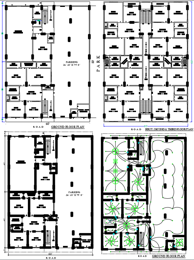 AutoCAD G Plus 3 Residential Building Plan 60x80 with Parking Area