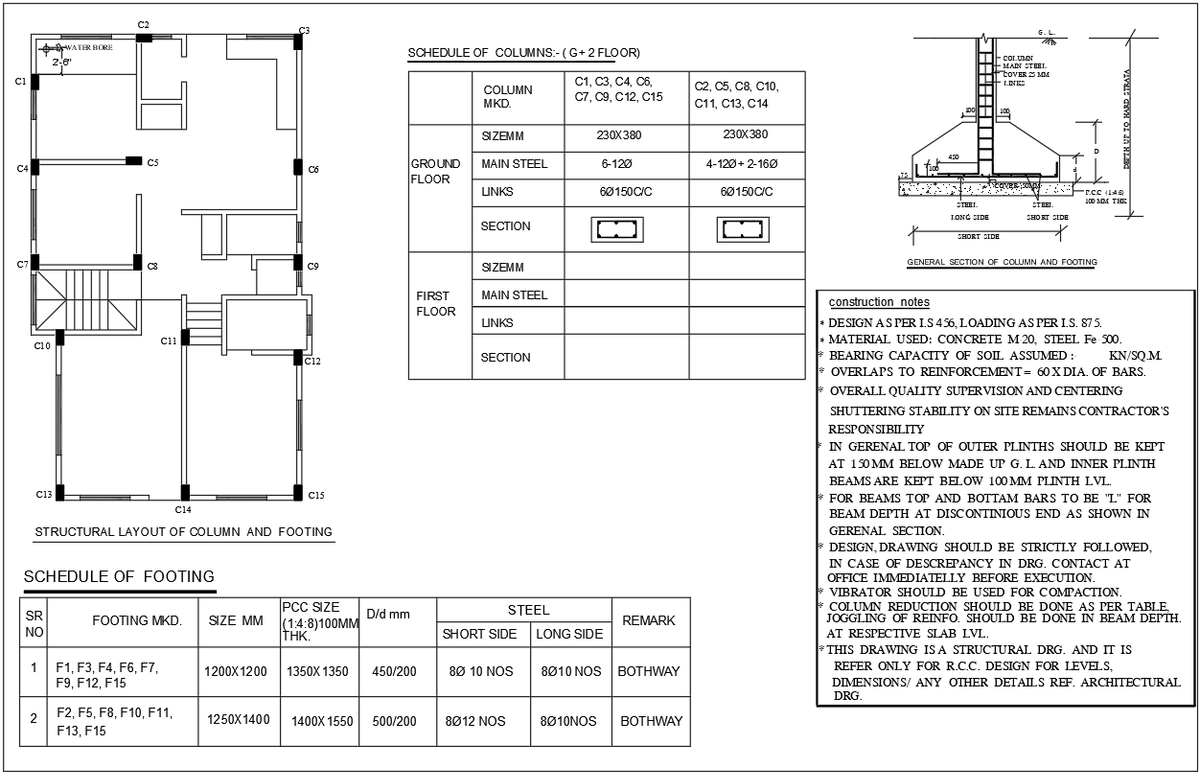 AutoCAD Structural Column and Footing Layout for G Plus 2 RCC House