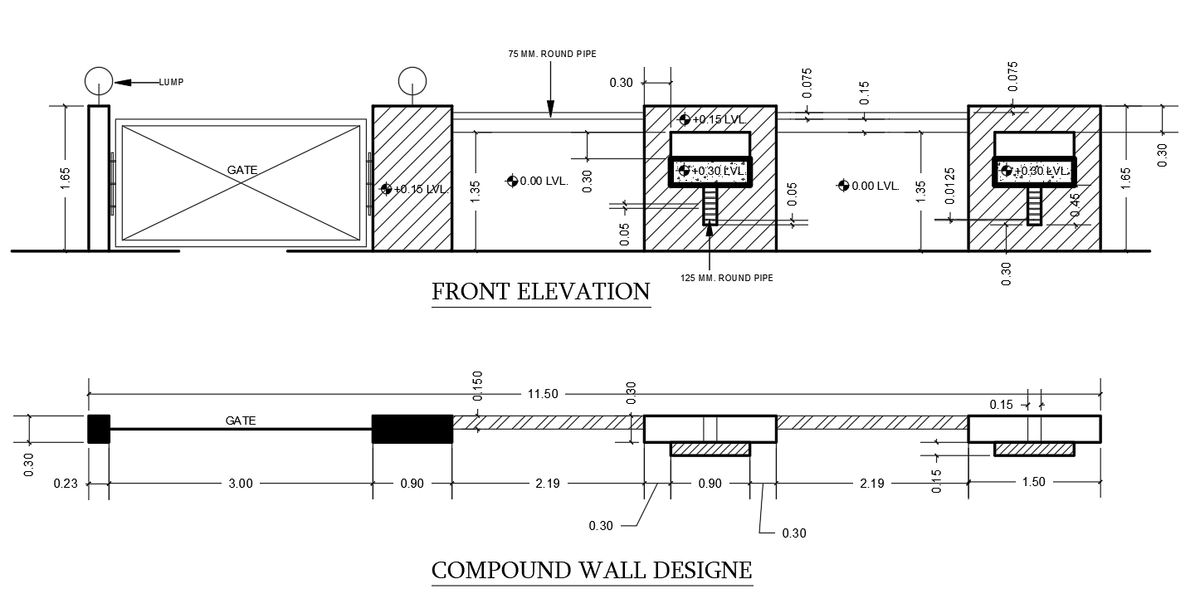 AutoCAD Compound Wall Design with Front Elevation and Gate Details