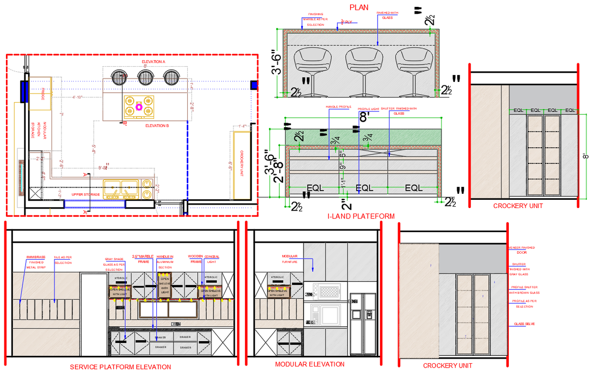 Modern Modular Kitchen AutoCAD DWG Plan with Island Platform