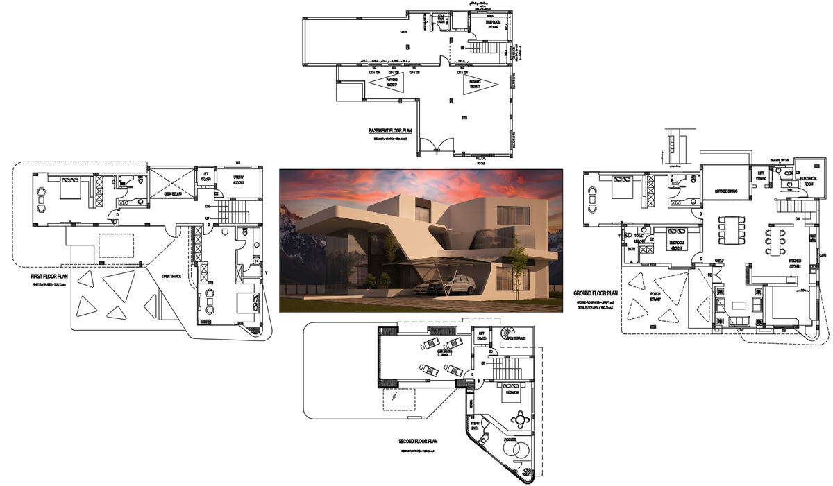 Modern House AutoCAD DWG Layout with Complete Floor Plan set