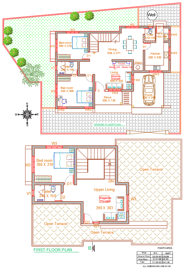 Modern Two Storey Architecture House DWG Floor Plan with Terrace