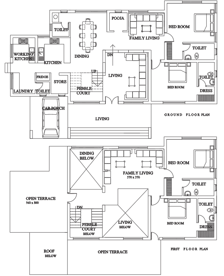 Modern Two Story House Plan DWG: Pooja, Kitchen-Open Terrace Layout