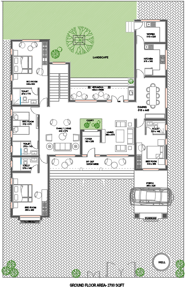 Large 4 Bedroom House Plan DWG 2700 SQFT Landscape Courtyard Layout