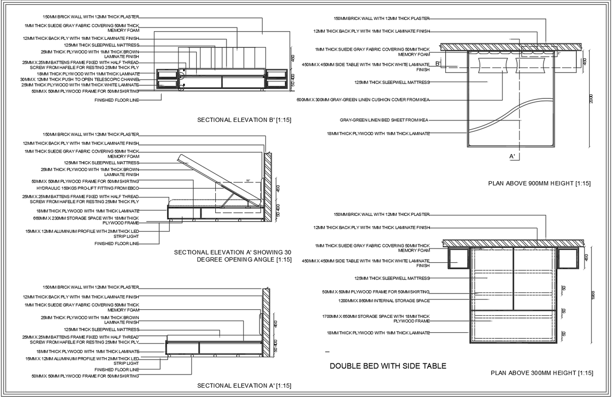 Double Bed with Side Table AutoCAD DWG Plan and Section Details