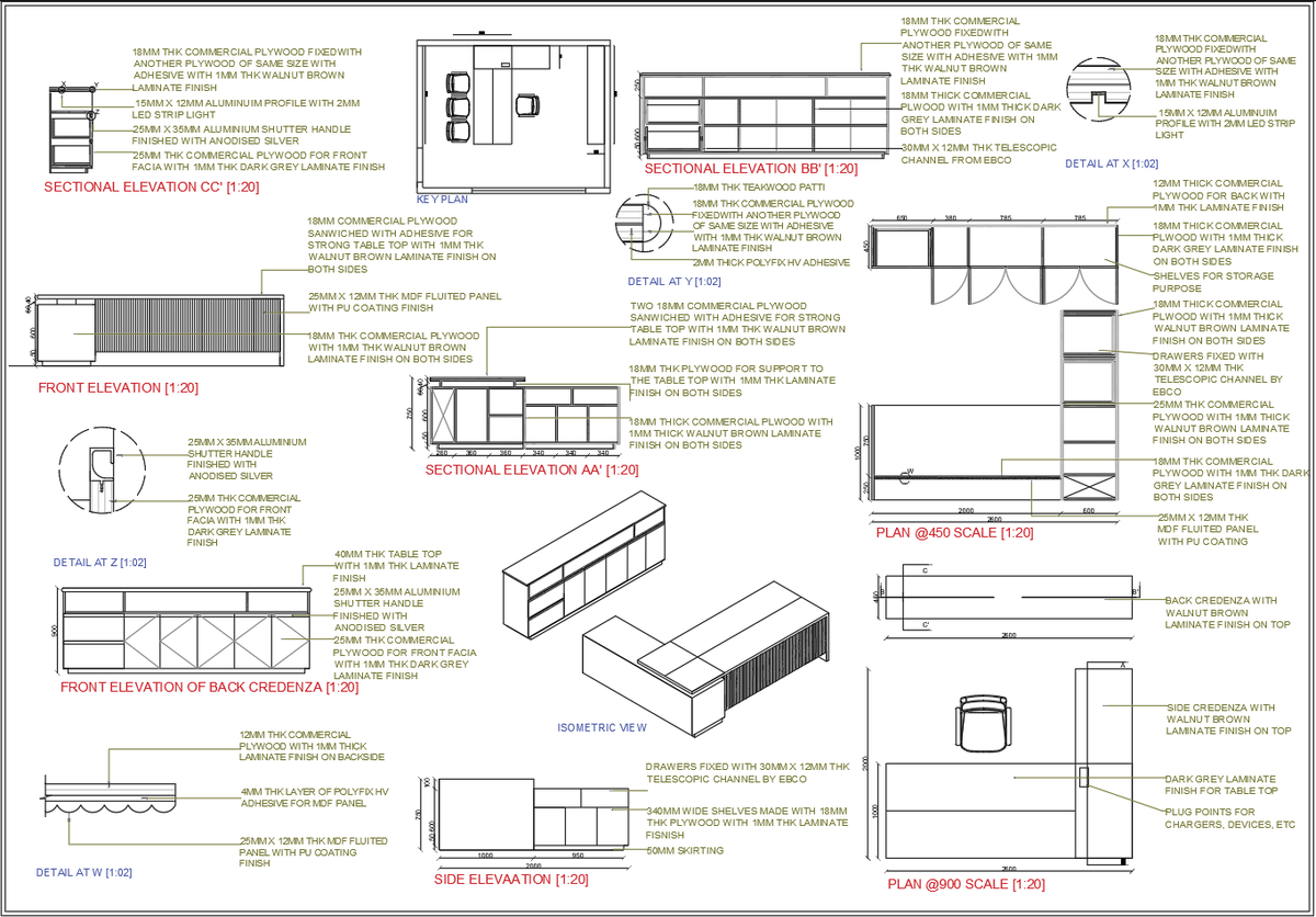 Office Table and Back Credenza AutoCAD DWG Plan with Elevations