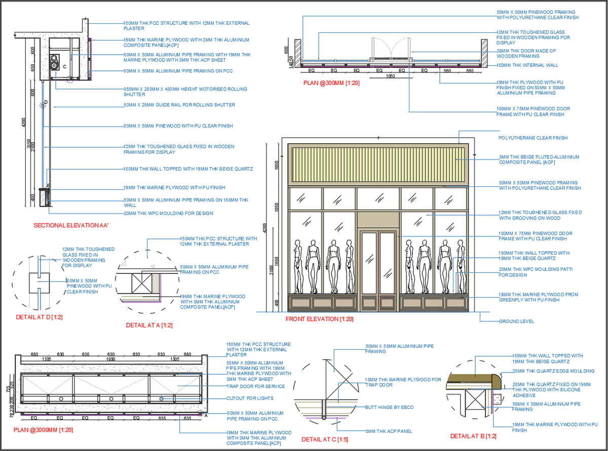 Shop Front Elevation AutoCAD DWG with Glass Display and Details