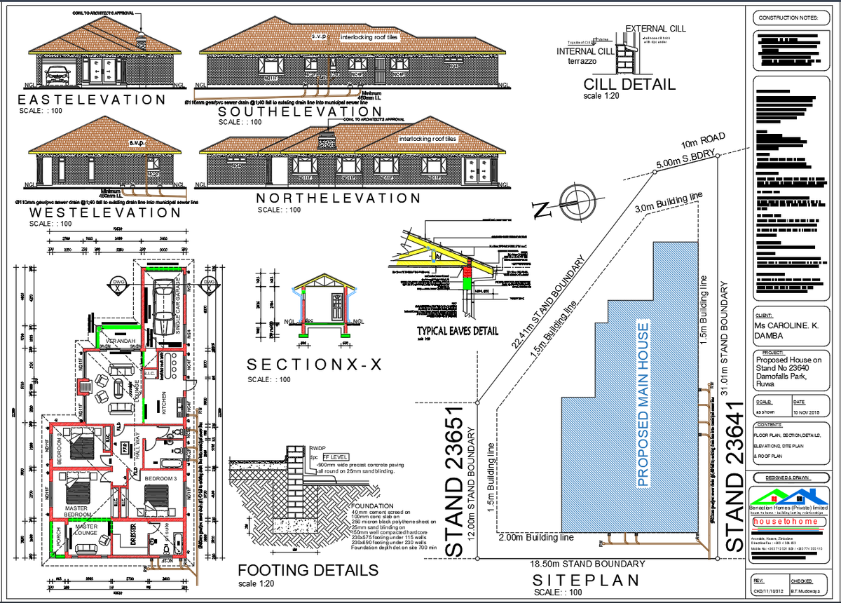 Single Storey House AutoCAD DWG Plan with Elevations and Details