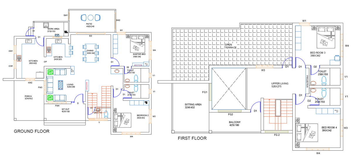 Two Storey House AutoCAD DWG Plan with Balcony and Open Terrace