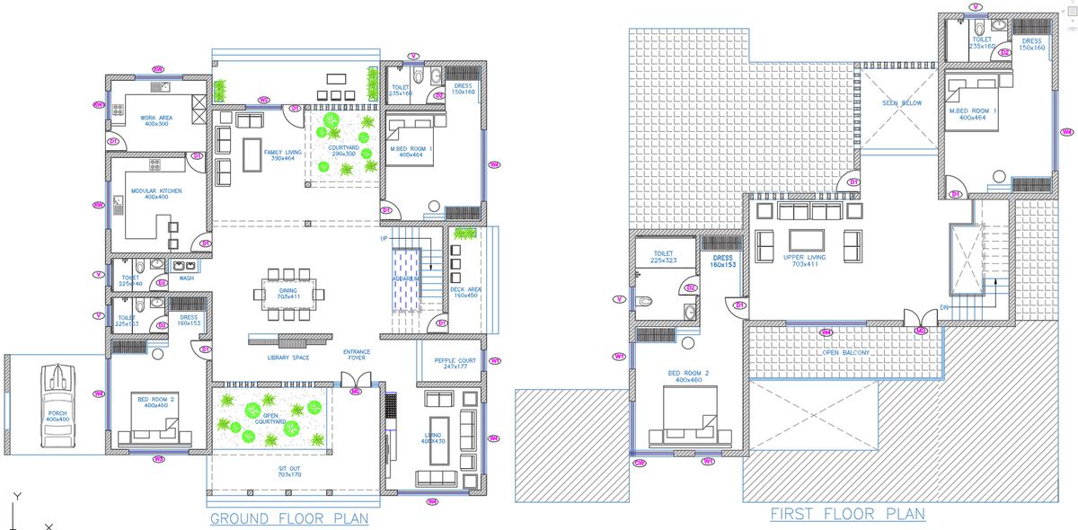 Modern Two Storey House AutoCAD DWG Plan with Open Courtyard Design