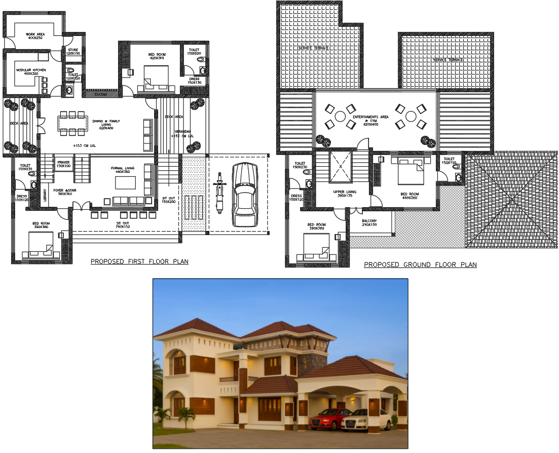 Two Storey Villa AutoCAD DWG Plan with Traditional Sloping Roof Design