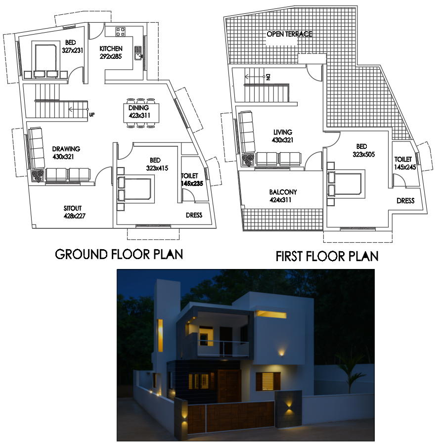 Modern Two Storey House AutoCAD DWG Plan with Balcony and Terrace