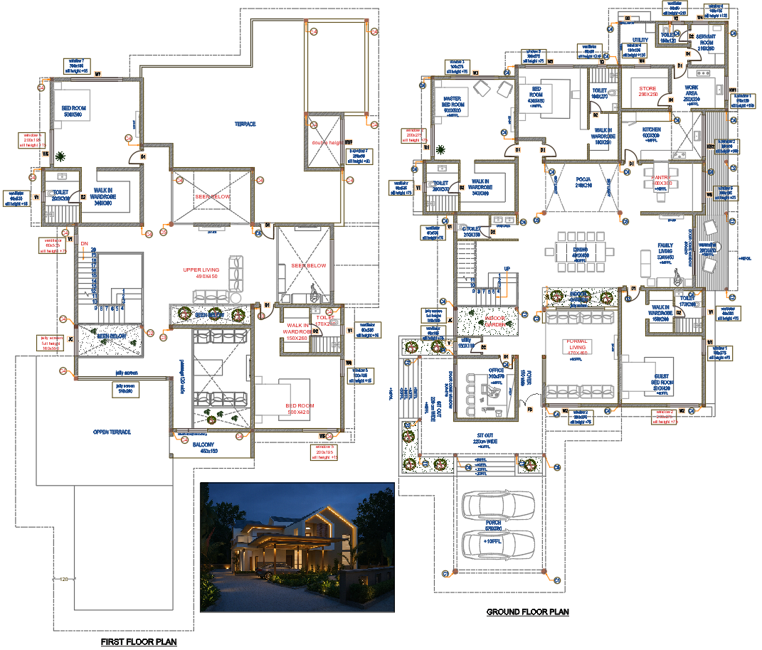 Contemporary Two Storey House DWG Plan with Double Height Living