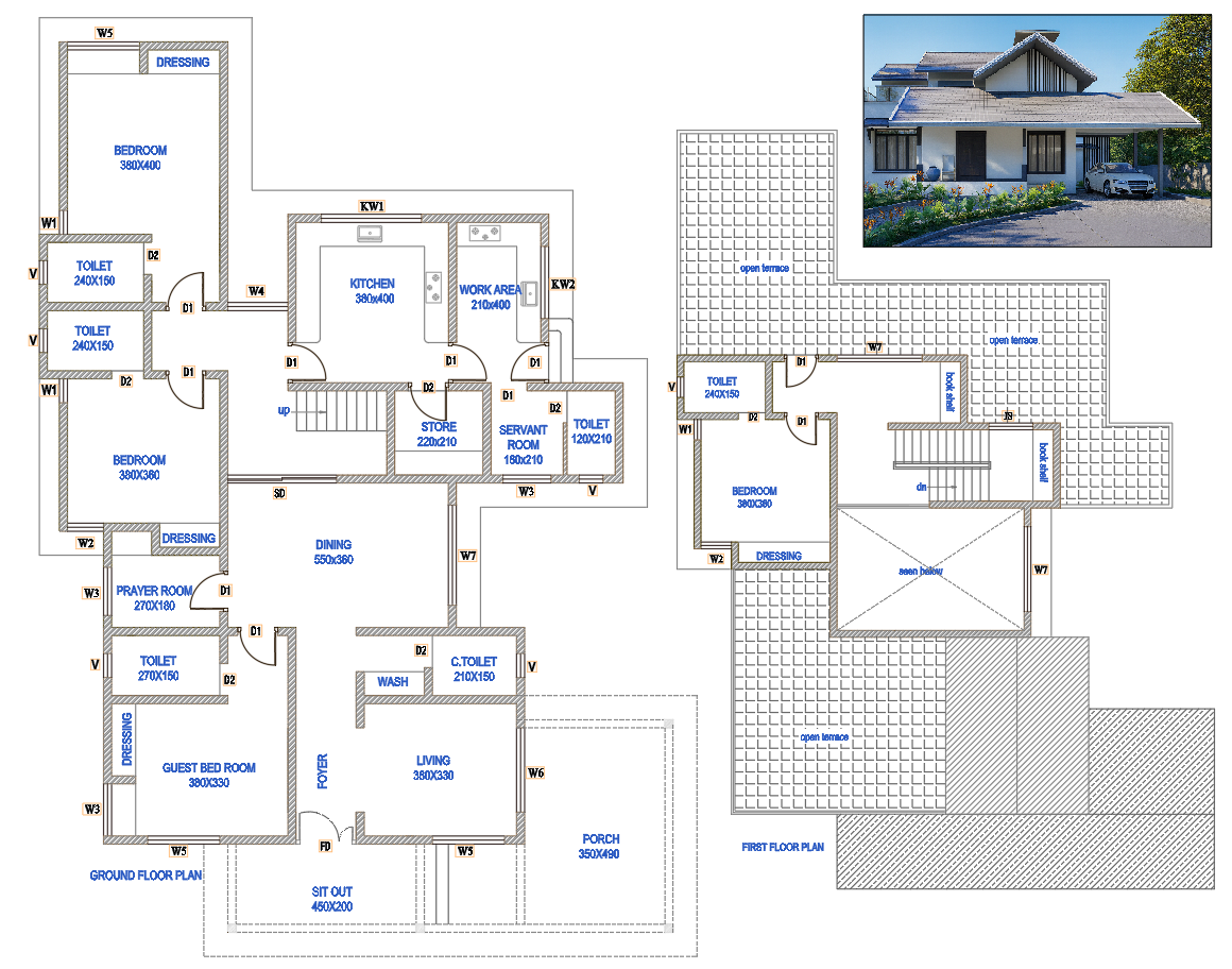 Traditional Two Storey House DWG Plan with Prayer Room and Terrace