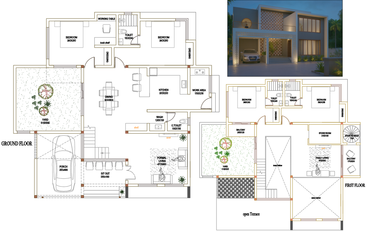 Modern Contemporary Two Storey House AutoCAD Plan with Open Terrace