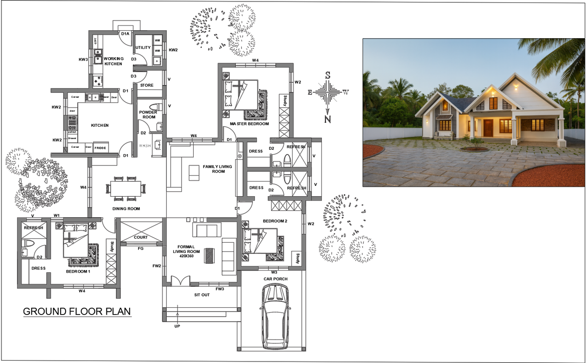 Single Floor Traditional House AutoCAD DWG Plan with Working Kitchen