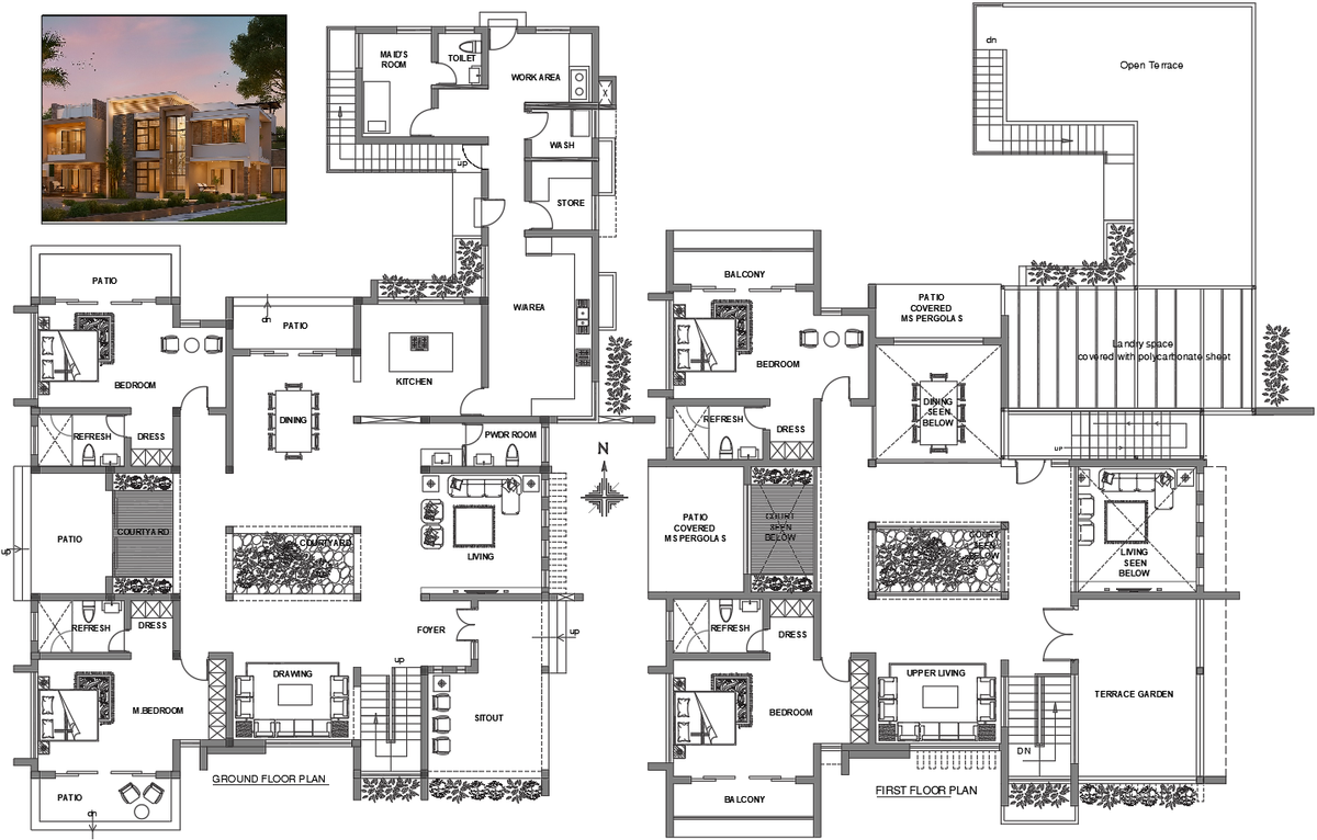 Luxury Modern Villa AutoCAD DWG Plan with Terrace Garden and Courtyard