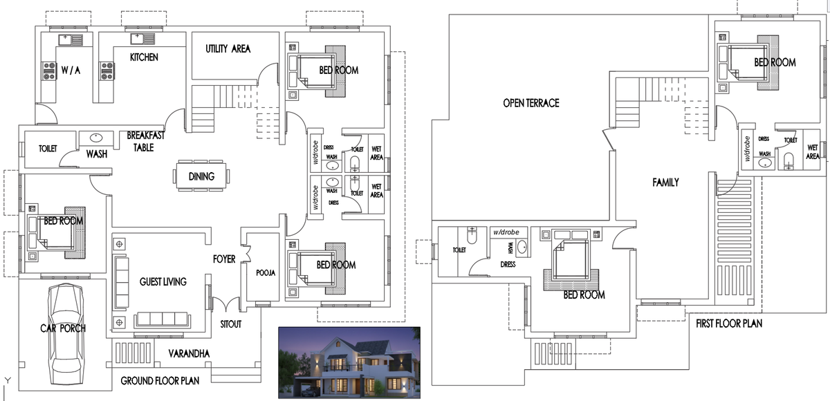 Contemporary Two Storey House AutoCAD DWG Floor Plan with Terrace