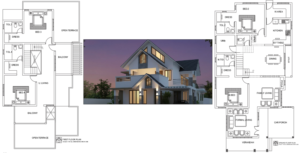 Modern Double Storey House AutoCAD DWG Plan with Balcony Design