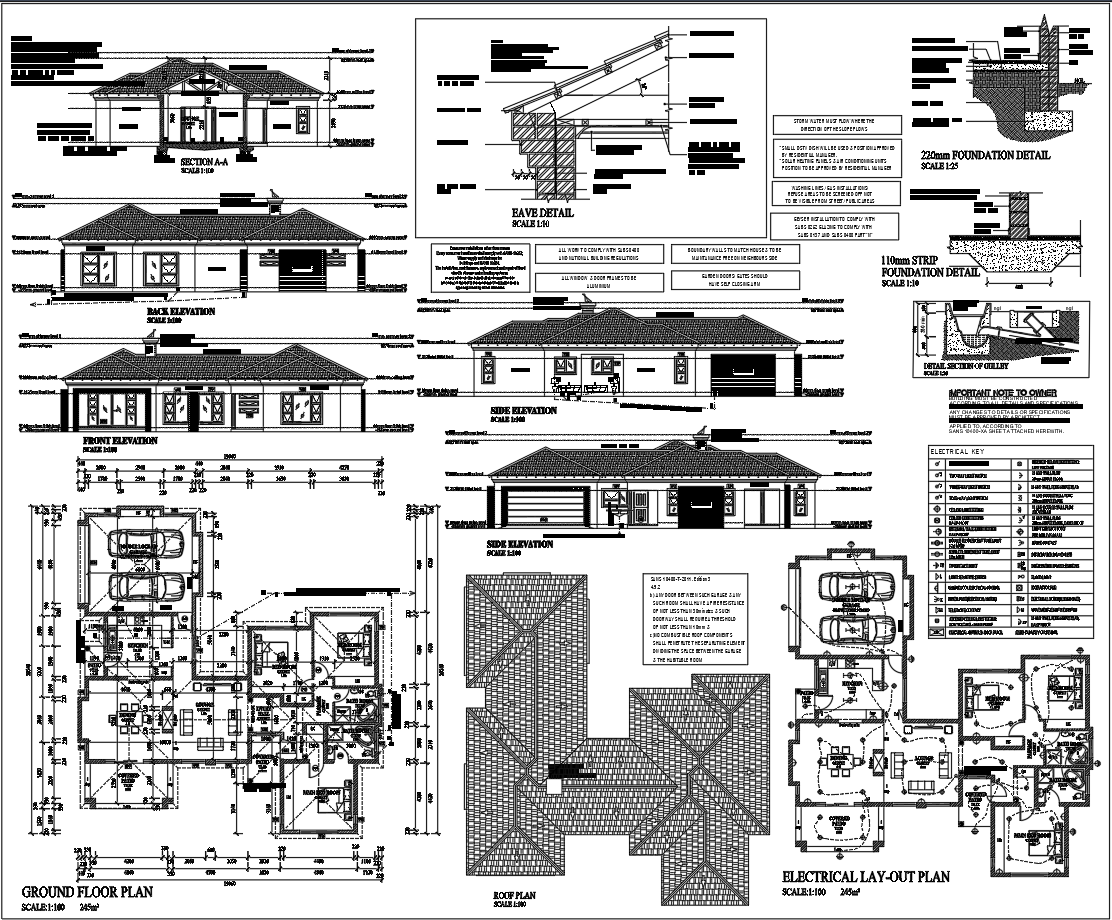 Modern Residential AutoCAD DWG House Plan with Roof and Section Layout