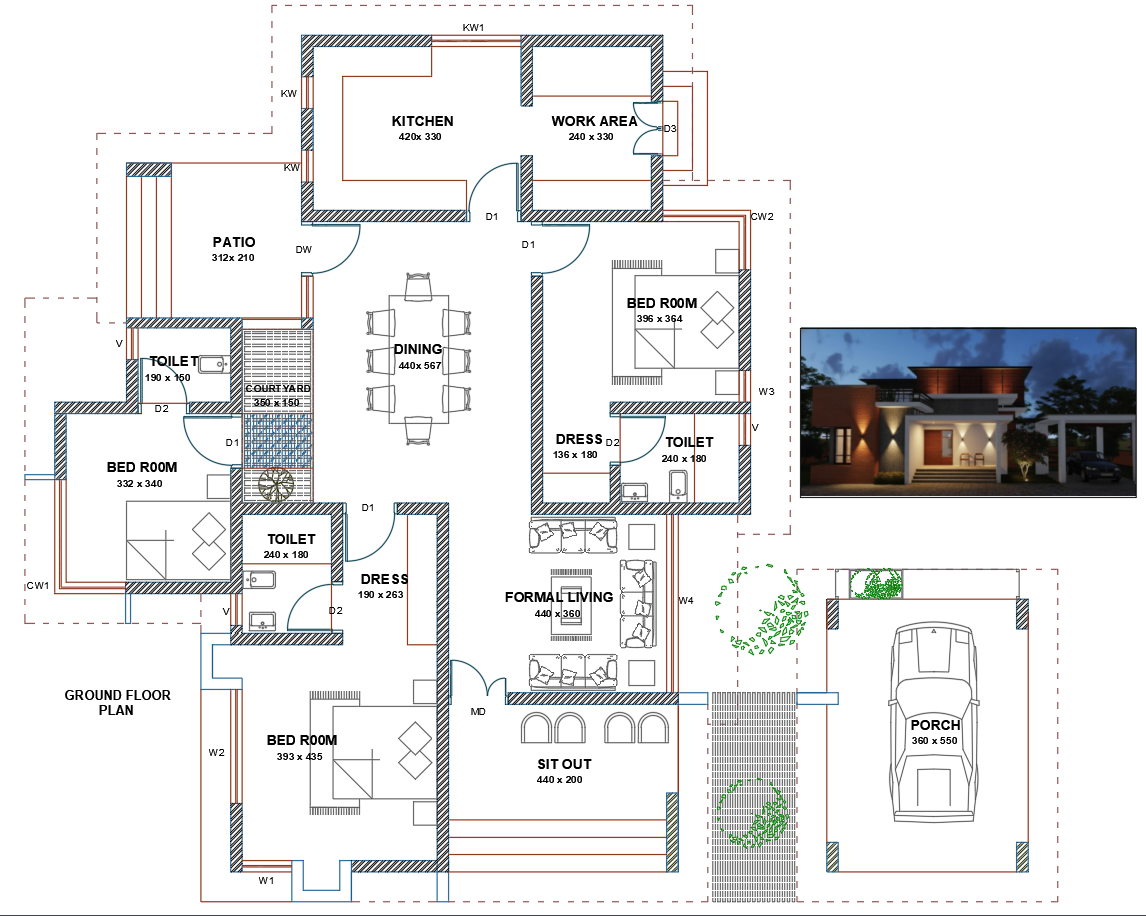 Modern Residential House AutoCAD DWG Ground Floor Plan Design