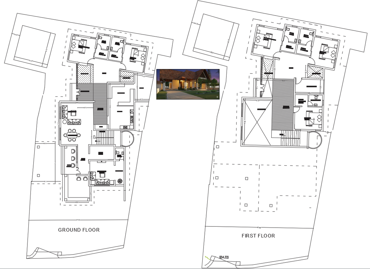 Modern Family House AutoCAD DWG Plan with Courtyard and Room Layouts