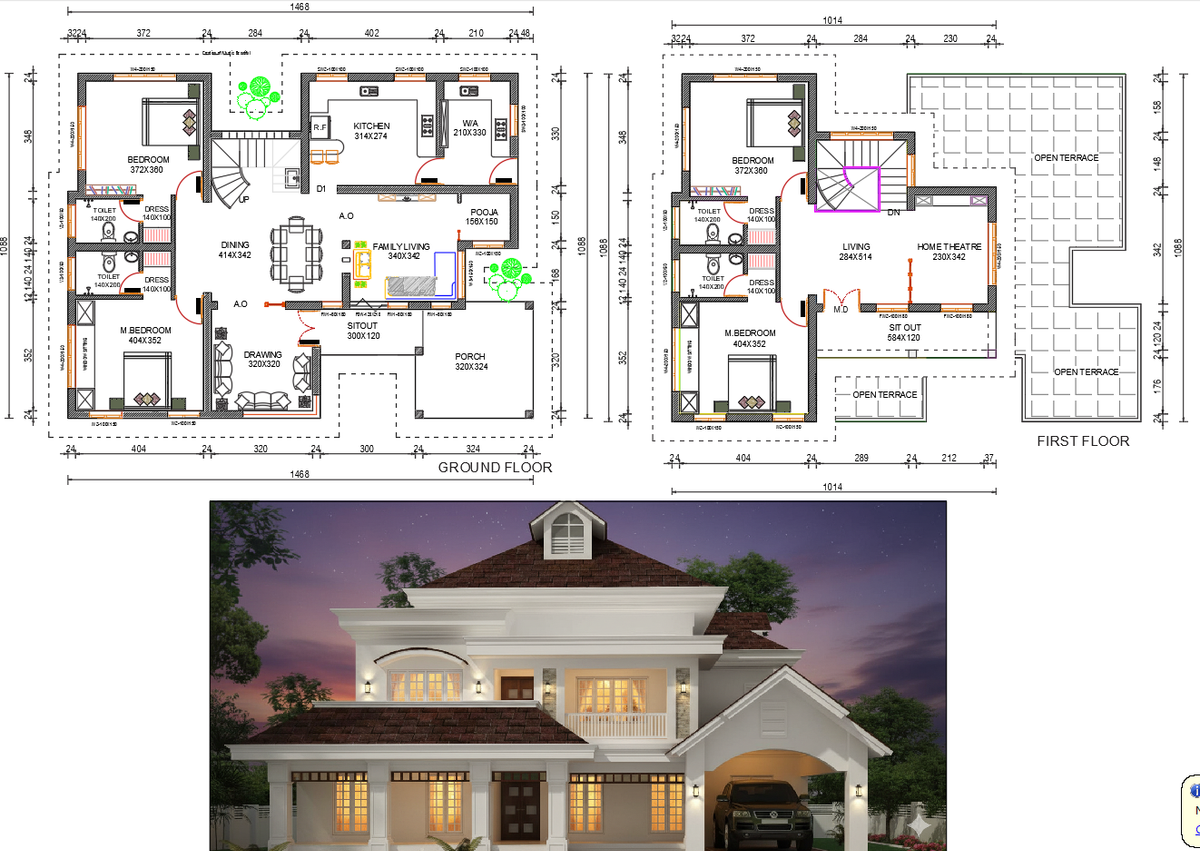 AutoCAD Two Storey House Floor Plan with Room Dimensions Layout