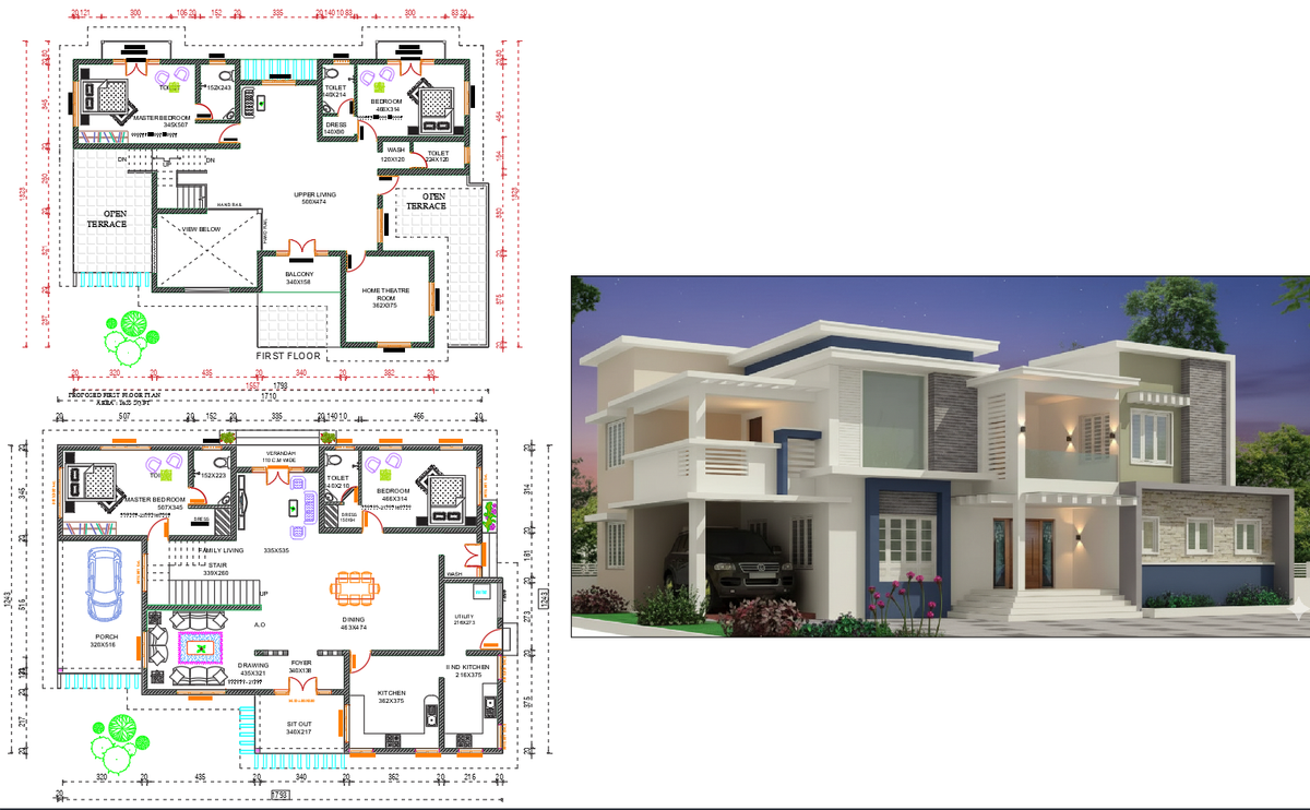 AutoCAD Duplex House Floor Plan with Balcony Kitchen and Bedrooms