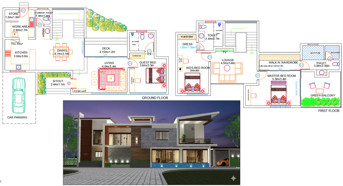 AutoCAD Modern House Floor Plan with Kitchen Bedroom and Lounge