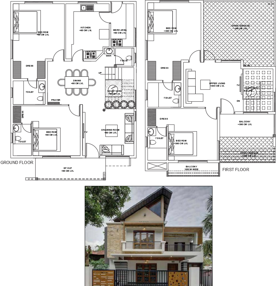 AutoCAD Modern House Plan with Courtyard Bedroom and Terrace