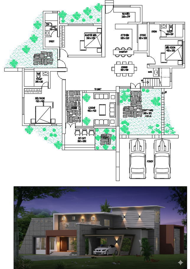 AutoCAD 2 Floor House Plan 2800 Sqft With Kitchen Dining and Balcony