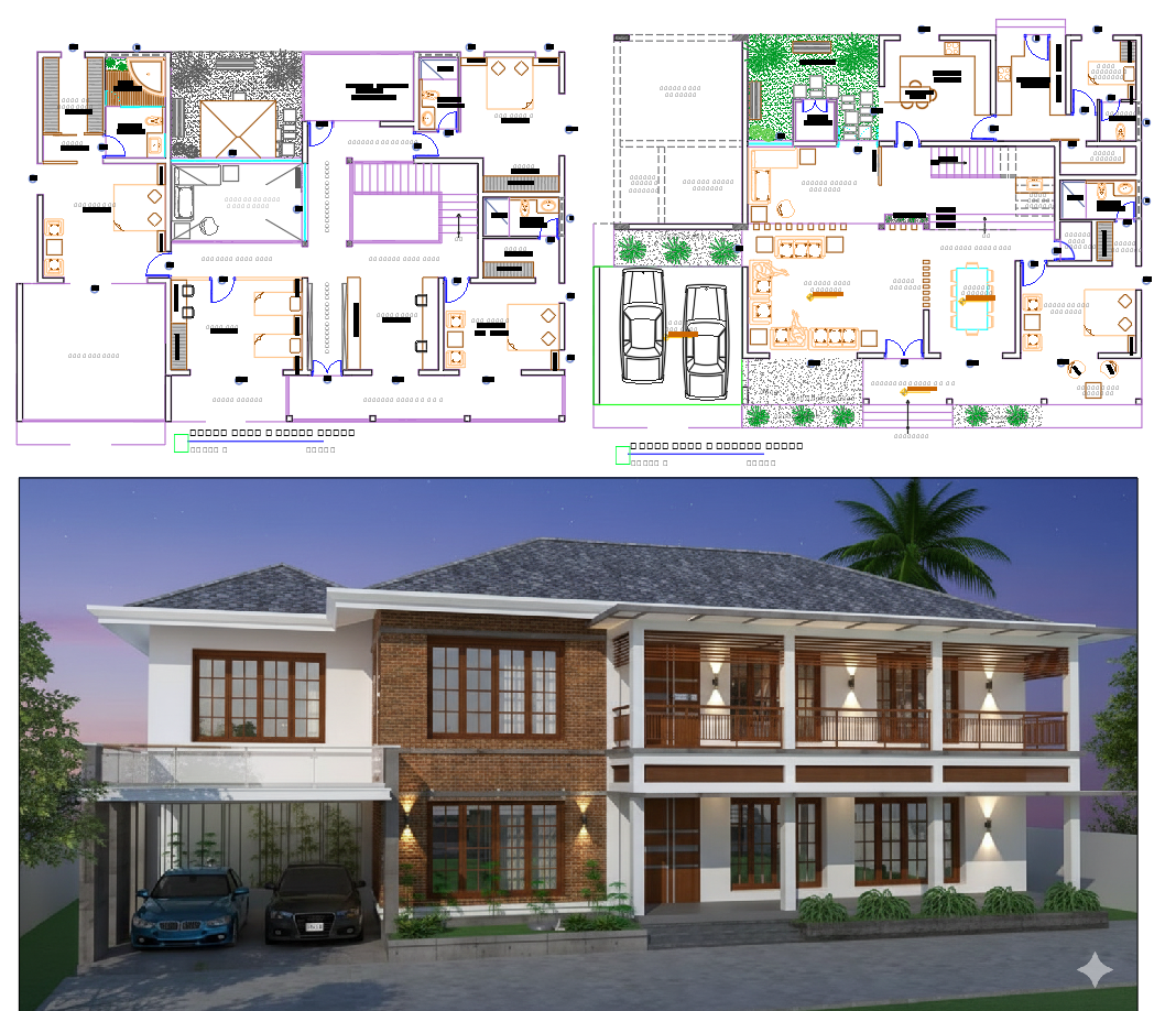 AutoCAD 2 Floor House Plan 2900 Sqft With Kitchen Bedroom and Lounge