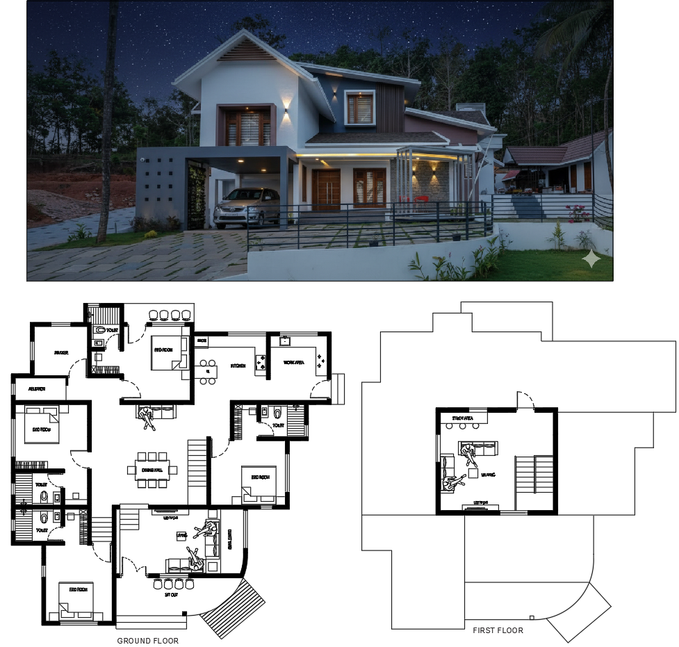 AutoCAD Two Floor House Plan 2650 Sqft With Balcony and Terrace