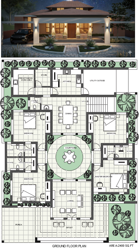 Luxury 2400 Sqft Modern Home Design With Courtyard and Study Room