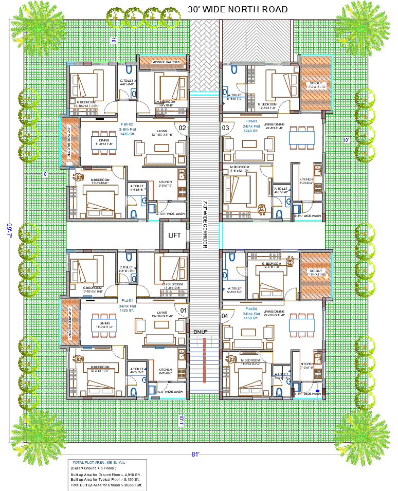 3BHK and 2BHK Apartment Layout With Balconies and Wash Areas DWG