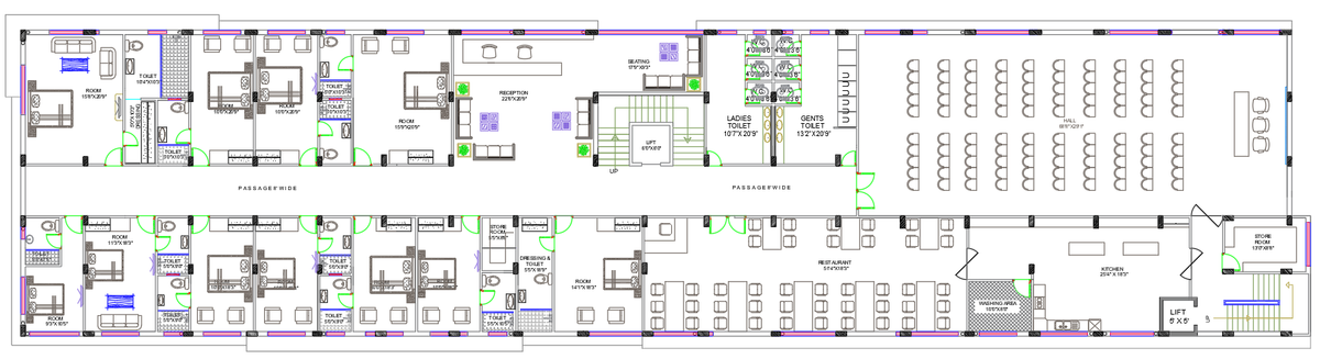 Banquet Hall Layout Plan with Reception Kitchen and Service Rooms